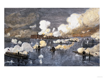 Union Fleet Bombarding Fort Sumter to Retake Charleston Harbor from the Confederates, c.1863