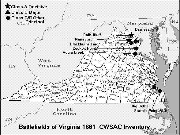 Virginia American Civil War Map of Battles 1861