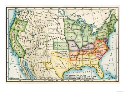 U.S. Map Showing Seceeding States by Date, American Civil War, c.1861