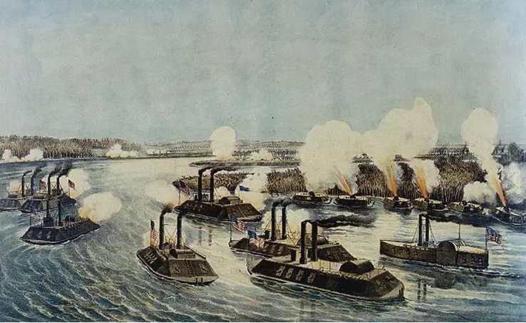 Union ironclad naval attack on the Mississippi River Civil War