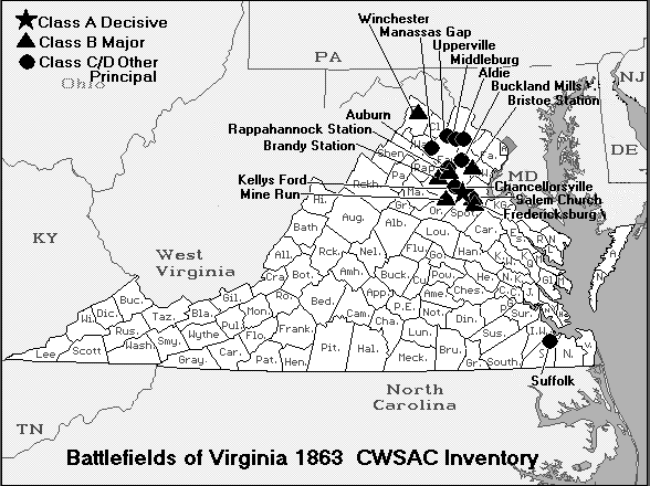 Virginia 1863 Map Of Battles American Civil War
